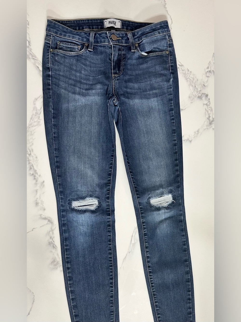 PAIGE Medium Blue Ripped Skinny Jeans